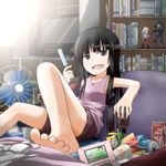  barefoot black_hair book bookshelf broken_chopsticks can casual chopsticks computer contemporary cup_ramen day electric_fan eva_01 figure food fujiwara_no_mokou gogiga_gagagigo handheld_game_console highres houraisan_kaguya inaba_tewi indoors long_hair lying monitor neet nintendo_ds noodles otaku popsicle ramen reisen_udongein_inaba shorts soda_can solo touhou touhou_ningyougeki trash 