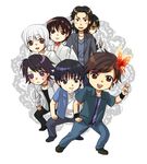  amakura_kei asou_yuu black_hair bug butterfly chibi collar denim fatal_frame fatal_frame_2 fatal_frame_3 fatal_frame_4 formal haibara_you hinasaki_mafuyu insect jacket japanese_clothes jeans kimono kirishima_choushiro knife multiple_boys nazumi_(sepaseri) pants short_hair suit tachibana_itsuki tachibana_mutsuki v white_hair 