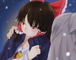  blush brown_eyes brown_hair face hakurei_reimu hand_on_shoulder hetero jacket looking_away o3o pout ribbon shiba_itsuki shy snowing touhou 