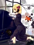  barefoot blonde_hair corded_phone feet flower hair_ribbon highres looking_back mary_janes murani phone profile red_eyes ribbon rotary_phone rumia shoes solo talking_on_phone touhou 