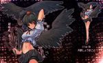  amano_shou_makoto bird black_hair black_wings crow hat legs red_eyes shameimaru_aya short_hair tokin_hat touhou wings zoom_layer 