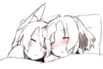  animal_ears blanket blush bunny_ears closed_eyes dog_ears fever greyscale majima_yuki monochrome multiple_girls original sketch sleeping spot_color 