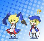  1boy 1girl bad_id bad_pixiv_id beret blazblue blonde_hair blue_footwear boots crossed_arms gloves green_eyes hat jin_kisaragi noel_vermillion rate_(aok1) thighhighs uniform 