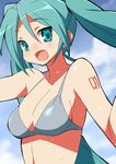  9law :d bikini breasts cleavage green_eyes green_hair hatsune_miku long_hair medium_breasts open_mouth smile solo swimsuit twintails upper_body vocaloid wet 