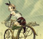  :d alternate_costume bicycle bicycle_basket blonde_hair damaco detached_sleeves flower from_behind green_eyes green_legwear ground_vehicle hair_ornament hair_ribbon hairpin headphones kagamine_rin lace lace-trimmed_thighhighs long_sleeves looking_at_viewer looking_back muted_color open_mouth outstretched_arm plaid plaid_skirt red_flower red_rose ribbon riding rose sailor_collar shirt skirt sleeveless sleeveless_shirt smile solo thighhighs vocaloid 