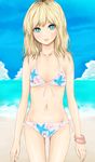  bad_id bad_pixiv_id beach bikini blonde_hair blue_eyes day flat_chest floral_print original saijou_hirokazu short_hair solo swimsuit 
