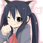  animal_ears black_hair brown_eyes cat_ears close-up extra_ears k-on! long_hair nakano_azusa natsu_(norari_kurari) neck_ribbon one_eye_closed paw_pose red_ribbon ribbon school_uniform solo 