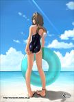  adjusting_clothes adjusting_swimsuit animal_ears anklet ass barefoot beach bell brown_eyes brown_hair cat_ears cat_tail cloud competition_school_swimsuit day from_behind innertube jewelry jingle_bell kneepits legs light_rays looking_back murasaki_nyaa ocean one-piece_swimsuit original outdoors pigeon-toed school_swimsuit shadow short_hair sky solo sunbeam sunlight swimsuit tail wet 