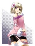  ar_tonelico ar_tonelico_iii bike_shorts blonde_hair braid breasts hair_ornament kagura_tsukune looking_back medium_breasts open_mouth pink_eyes saki_(ar_tonelico) short_hair smile solo thighhighs twin_braids white_legwear 