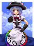  alternate_hair_length alternate_hairstyle blue_hair blush cloud day dress food fruit gloves hand_on_hip hat hinanawi_tenshi peach pointing red_eyes short_hair sky solo standing touhou yamineko 