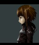  asymmetrical_hair brown_eyes brown_hair hair_ornament hair_ribbon hairclip highres iwakura_lain jacket keiichi profile ribbon serial_experiments_lain solo 