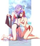  bad_feet barefoot bikini breasts cleavage fate/stay_night fate_(series) highres kneeling legs long_hair looking_at_viewer matou_sakura medium_breasts multiple_girls purple_eyes purple_hair rider side-tie_bikini sunglasses swimsuit tsukumo yuri 