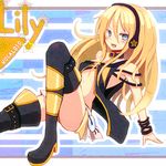  bad_id bad_pixiv_id blonde_hair blue_eyes boots cable cd fang lily_(vocaloid) long_hair miysin sitting skirt smile solo thigh_boots thighhighs vocaloid 