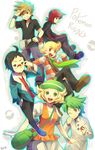  5boys adjusting_eyewear ahoge alternate_costume artist_name bad_id bad_pixiv_id bag bel_(pokemon) beret black_hair blonde_hair brown_hair cheren_(pokemon) glasses green_eyes green_hair green_scarf happy hat holding holding_poke_ball jewelry jun_(pokemon) mitsuru_(pokemon) multiple_boys necklace one_eye_closed ookido_green open_mouth orange_eyes poke_ball pokemon pokemon_(game) pokemon_bw pokemon_dppt pokemon_frlg pokemon_hgss pokemon_rse red_hair reka salute scarf short_hair signature silver_(pokemon) silver_eyes skirt smile two-finger_salute winter_clothes wristband 