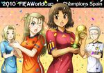  4girls adidas blonde_hair blue_eyes breasts brown_eyes brown_hair closed_eyes clothes_writing confetti double_bun earrings fifa_world_cup_trophy fujii_satoshi germany glasses grey_hair jewelry large_breasts long_hair multiple_girls netherlands nike one_eye_closed original short_hair soccer soccer_uniform spain sportswear trophy uruguay world_cup 