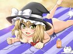  barefoot bikini blonde_hair bottle breasts cat cleavage hat kirisame_marisa lying medium_breasts on_stomach sawa_(snack_yoshie) short_hair side-tie_bikini solo string_bikini sunbathing swimsuit touhou witch_hat yellow_eyes 