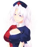  bad_id bad_pixiv_id bangs blue_eyes breasts cleavage cleavage_cutout hat kiri_futoshi large_breasts long_hair looking_at_viewer nurse_cap parted_bangs simple_background smile solo touhou upper_body white_background white_hair yagokoro_eirin 