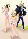  ahoge artoria_pendragon_(all) asakura_(asakura_souko) bandeau barefoot bikini blonde_hair blue_eyes corndog diving_mask diving_mask_on_head fate/stay_night fate/unlimited_codes fate_(series) flat_chest flippers food hot_dog inflatable_toy inflatable_whale innertube long_hair multiple_girls multiple_persona one-piece_swimsuit ponytail popsicle saber saber_alter saber_lily sandals shaved_ice side-tie_bikini snorkel swimsuit watermelon_bar wetsuit 