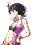  antenna_hair bad_id bad_pixiv_id belt black_hair blue_eyes blush bracelet breasts cleavage hand_on_hip highres idolmaster idolmaster_(classic) idolmaster_2 jewelry kaname_nagi kikuchi_makoto midriff navel necklace pink_diamond_765 profile short_hair simple_background small_breasts smile solo 