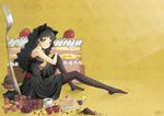  akiyama_mio animal_ears antennae apple black_eyes black_hair cake candy cat_ears cup dafei dress drinking_glass earrings fishnet_pantyhose fishnets food fork fruit gift grapes jewelry k-on! lime_(fruit) listen!! long_hair pantyhose sitting solo strawberry wine_glass 