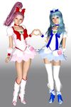  3d absurdres blue_hair boots brown_eyes choker cure_blossom cure_marine hanasaki_tsubomi heart heart_hands heart_hands_duo heartcatch_precure! highres kurumi_erika legs magical_girl multiple_girls pink_hair ponytail precure realistic skirt thighhighs white_legwear x_sanders_x 