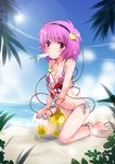  ball barefoot beachball bikini eyes food hairband heart kneeling komeiji_satori ogakuru pink_eyes pink_hair popsicle purple_eyes short_hair side-tie_bikini solo swimsuit touhou 