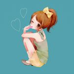  bad_id bad_pixiv_id bow brown_hair eating food green_eyes hair_bow hair_ribbon heart knees_up one_eye_closed original poco24 ponytail popsicle ribbon short_hair simple_background sitting skirt smile socks solo 