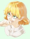  biting blonde_hair close-up constricted_pupils face fangs finger_biting green_eyes hands mizuhashi_parsee pointy_ears portrait shiba_itsuki simple_background solo tears touhou white_background 