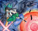  arm_cannon asymmetrical_clothes black_hair bow cape eyes green_bow hair_bow long_hair mismatched_footwear mononofu7 red_eyes reiuji_utsuho solo touhou weapon wings 
