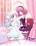  angel_beats! barefoot bed bow green_eyes hair_bow hairband kneeling lolita_fashion long_hair multiple_girls open_mouth purple_hair ribbon shirogane_hina silver_hair striped striped_legwear tenshi_(angel_beats!) thighhighs yellow_eyes yuri_(angel_beats!) 