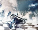  bad_id bad_pixiv_id bare_shoulders bikini_top black_hair black_rock_shooter black_rock_shooter_(character) blue_eyes boots burning_eye checkered checkered_floor cloud coat fisheye guitar headphones instrument kio_sayuki knee_boots long_hair music navel shorts singing sketch sky solo star_(sky) starry_sky twintails very_long_hair 