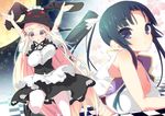  :&lt; \o/ apron arms_up blue_eyes blue_hair breasts glasses hair_ornament hat huge_breasts kibitsu_momoko long_hair maid majolica_le_fay multiple_girls ookami-san outstretched_arms pink_hair ponytail purple_eyes show_(rinnetenshow) very_long_hair witch_hat 