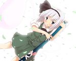  black_hairband bloom blue_eyes blush dutch_angle hairband holding katanakko_daisuki konpaku_youmu konpaku_youmu_(ghost) no_nose petals scabbard sheath short_hair shy solo standing touhou white_hair 