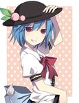  alternate_hair_length alternate_hairstyle blue_hair blush bow bowtie dress food from_side fruit grin hand_on_headwear hat hinanawi_tenshi peach red_eyes short_hair smile solo standing touhou uiru 