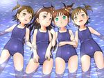  arm_holding brown_hair futami_ami futami_mami highres idolmaster idolmaster_(classic) lying minase_iori multiple_girls on_back one-piece_swimsuit partially_submerged rumil school_swimsuit swimming swimsuit takatsuki_yayoi water 