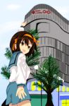  bad_id bad_pixiv_id brown_eyes brown_hair building hair_ribbon hairband kaiman kita_high_school_uniform orange_hairband pointing ribbon school_uniform serafuku short_hair solo suzumiya_haruhi suzumiya_haruhi_no_yuuutsu 