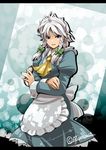  apron blue_eyes braid hounori izayoi_sakuya maid maid_headdress pocket_watch short_hair silver_hair smile solo touhou twin_braids watch 