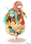  4girls aqua_eyes aqua_hair bad_id bad_pixiv_id blonde_hair blue_hair blue_scarf cherry chibi food fruit green_eyes hair_ribbon hatsune_miku ice_cream in_food kagamine_len kagamine_rin kaito long_hair mayer megurine_luka meiko miniboy minigirl multiple_boys multiple_girls ribbon scarf short_hair simple_background twintails vocaloid 