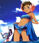  aqua_eyes bad_id bad_pixiv_id bandeau beach blue_eyes blue_sarong breasts brown_hair cloud dark_skin day flower fuyou_(pokemon) gen_3_pokemon hair_flower hair_ornament hirococo innertube medium_breasts midriff navel open_mouth outdoors pinky_out pokemon pokemon_(creature) pokemon_(game) pokemon_rse sableye sarong sarong_lift scuba seashell shell short_hair skirt skirt_lift sky strapless tropical tubetop underboob wading water wet 