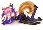  animal_ears bad_id bad_pixiv_id breasts cheungchz fate/extra fate_(series) fox_ears fox_tail hair_ribbon highres japanese_clothes long_hair looking_at_viewer lying medium_breasts on_stomach pink_hair ribbon shoe_dangle simple_background solo tail tamamo_(fate)_(all) tamamo_no_mae_(fate) thighhighs twintails yellow_eyes 