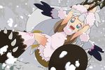  aasara black_hair blue_eyes blush dress from_below happy itezora_konayuki katanagatari looking_at_viewer multicolored multicolored_eyes multicolored_hair open_mouth pink_eyes snow solo sword teeth weapon white_dress white_hair 