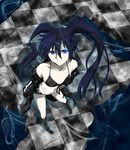  bad_id bad_pixiv_id bare_shoulders bikini_top black_hair black_rock_shooter black_rock_shooter_(character) blue_eyes boots checkered checkered_floor from_above highres jacket long_hair looking_up navel pale_skin scar shorts solo twintails watarui 