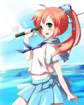  golf_club green_eyes hair_ornament hana_(pangya) kuroshio_maki long_hair midriff navel open_mouth pangya ponytail red_hair ribbon school_uniform serafuku skirt smile solo water 