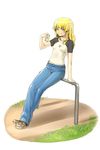  alternate_costume blonde_hair braid can casual contemporary crossed_legs denim jeans kirisame_marisa leaning_back pants raglan_sleeves shiba_itsuki shirt simple_background sitting smile solo t-shirt touhou white_background yellow_eyes 