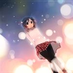  arms_behind_back blue_eyes blurry bokeh brown_hair depth_of_field from_below ikeda_jun_(mizutamari) looking_away original pantyhose plaid plaid_scarf scarf skirt solo standing 