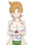  araragi_(pokemon) breasts brown_hair cleavage earrings green_eyes hand_in_pocket holding holding_poke_ball jewelry labcoat licking medium_breasts poke_ball poke_ball_(generic) pokemon pokemon_(game) pokemon_bw popped_collar ribonzu short_hair simple_background skirt smile solo tongue white_background 