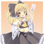  :d alternate_color armpits bangs bare_shoulders blonde_hair blush bow breasts cosplay crop_top detached_sleeves fang frills gradient gradient_background hair_bow hair_tubes hakurei_reimu hakurei_reimu_(cosplay) hip_vent holding japanese_clothes kirisame_marisa long_hair looking_at_viewer midriff miko navel neckerchief nontraditional_miko ofuda open_mouth orange_background outline ponytail sakeko sarashi sidelocks skirt small_breasts smile solo touhou wavy_hair white_sleeves wide_sleeves yellow_eyes 