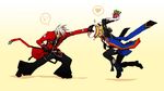  ^_^ black_pants blazblue blonde_hair closed_eyes coat food gift gloves heart in_the_face jin_kisaragi kuroinoki male_focus multiple_boys pants pie pie_in_face ragna_the_bloodedge smile spoken_heart uniform white_hair 