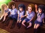  5girls akiyama_mio arm_up bad_id bad_pixiv_id black_eyes black_hair blonde_hair blue_eyes blush brown_eyes brown_hair grin hairband hirasawa_yui k-on! kneehighs kotobuki_tsumugi legs loafers long_hair multiple_girls nakano_azusa pantyhose piroaki ribbon school_uniform shoes short_hair sitting skirt smile socks tainaka_ritsu twintails 