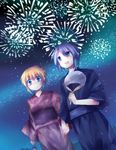  1girl aerial_fireworks bad_id bad_pixiv_id blonde_hair blue_eyes fireworks highres holding_hands japanese_clothes kanon_(umineko) kimono okara_kirazu umineko_no_naku_koro_ni ushiromiya_jessica yukata 